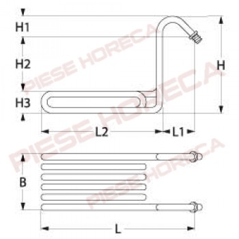 Rezistenta friteuza FAGOR, putere 6000W, alimentare 230V, lungime-380mm, inaltime-355mm, 6 varfuri, coecsiuni electrice cu suruburi M4. Pentru modelele FE9-20, FE9-10, FE910S. Cod catalog producator X183068000, X183021